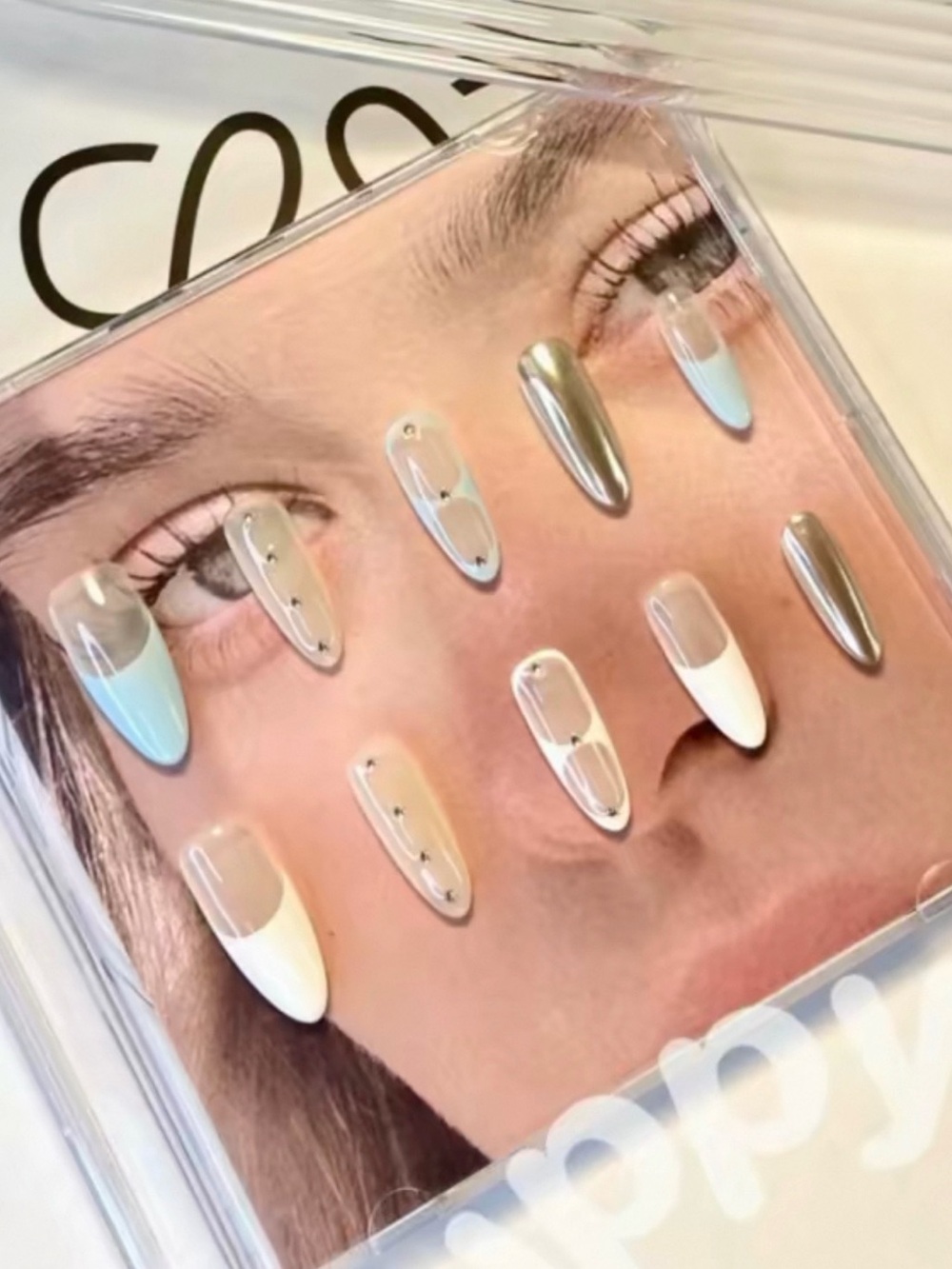 Press On Nails – Handmade Nude Blue French Almond Set size M